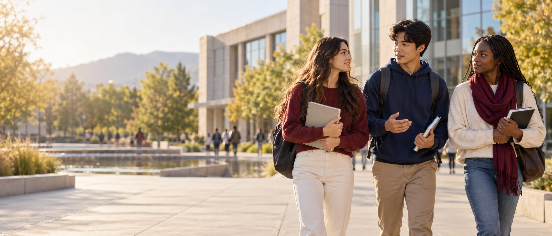 Three focused students walking through a university campus